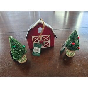 St. Nicholas Square Homestead Barn W 2 Pine Christmas trees in spool Ornaments